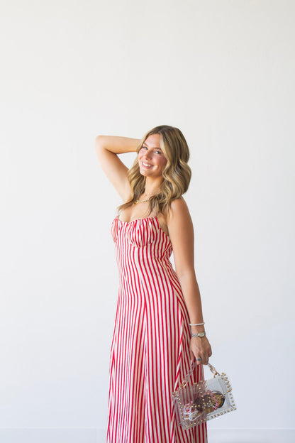 The Carly Pinstripe Maxi Dress - Red/Ivory