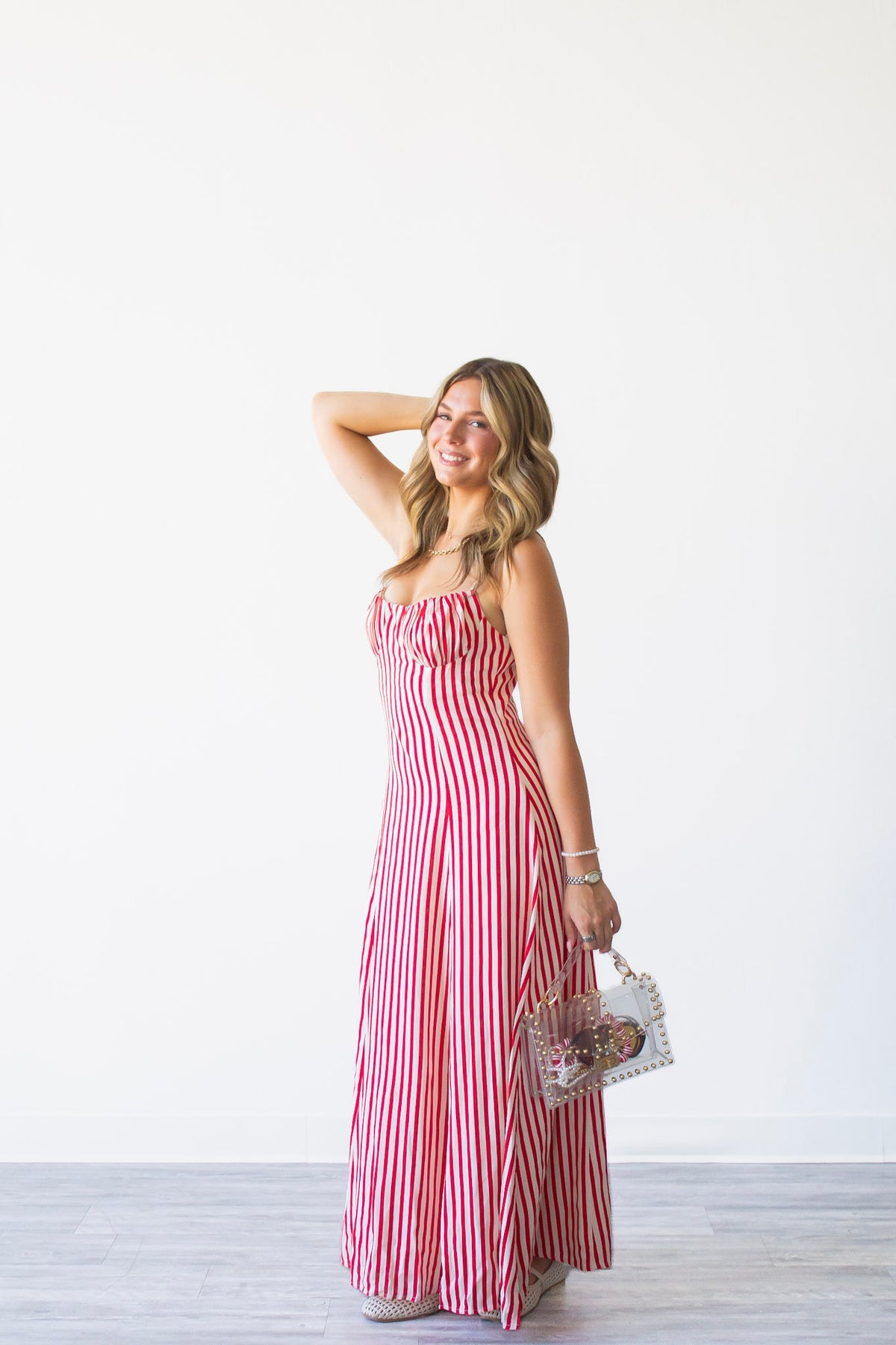 The Carly Pinstripe Maxi Dress - Red/Ivory